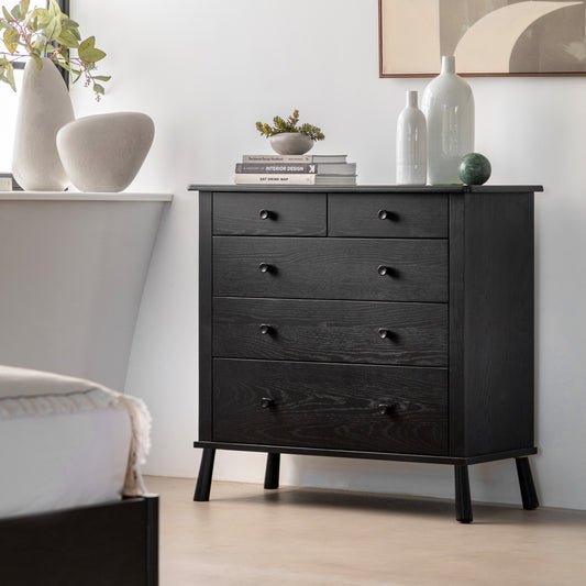 Wycombe 5 Drawer Chest Black – Black Solid Oak – 5 Drawers (view 2)