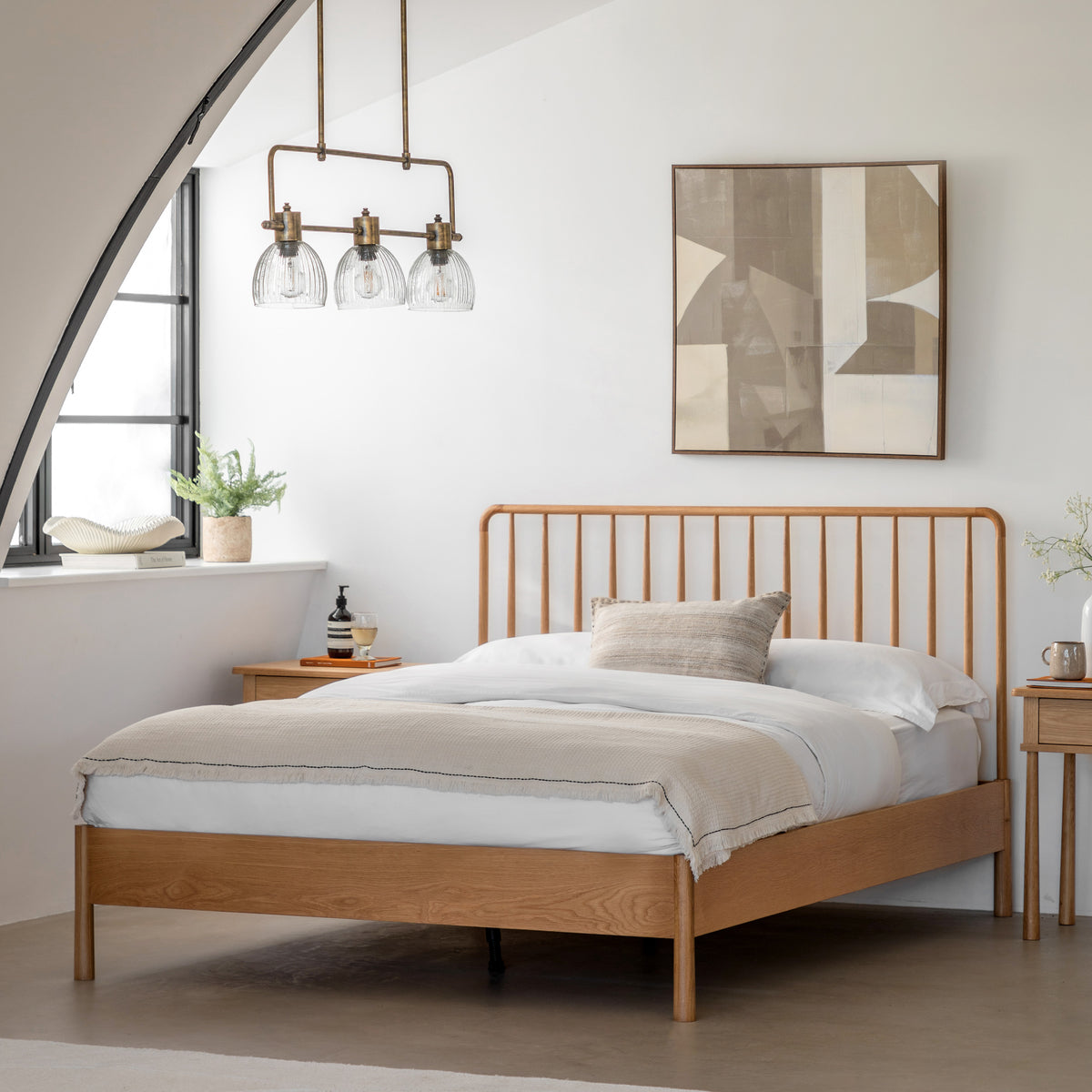 Wycombe Spindle Bed 4′6″ Double – Light Wood Oak – 180mm under-bed clearance (view 2)