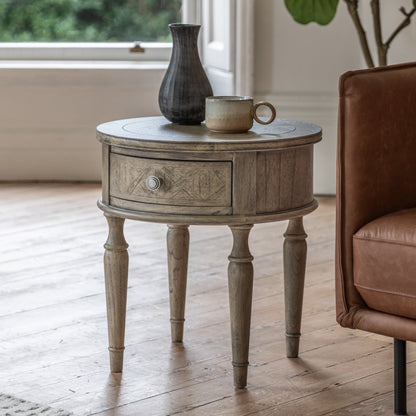 Rustique Round 1 Drawer Side Table 500x500x550mm – Natural