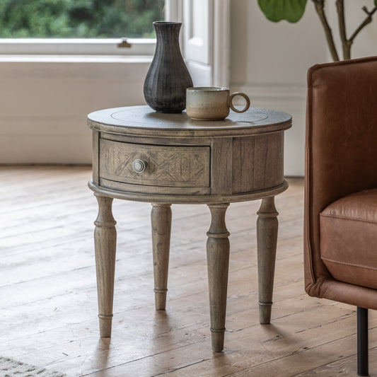 Rustique Round 1 Drawer Side Table 500x500x550mm – Natural