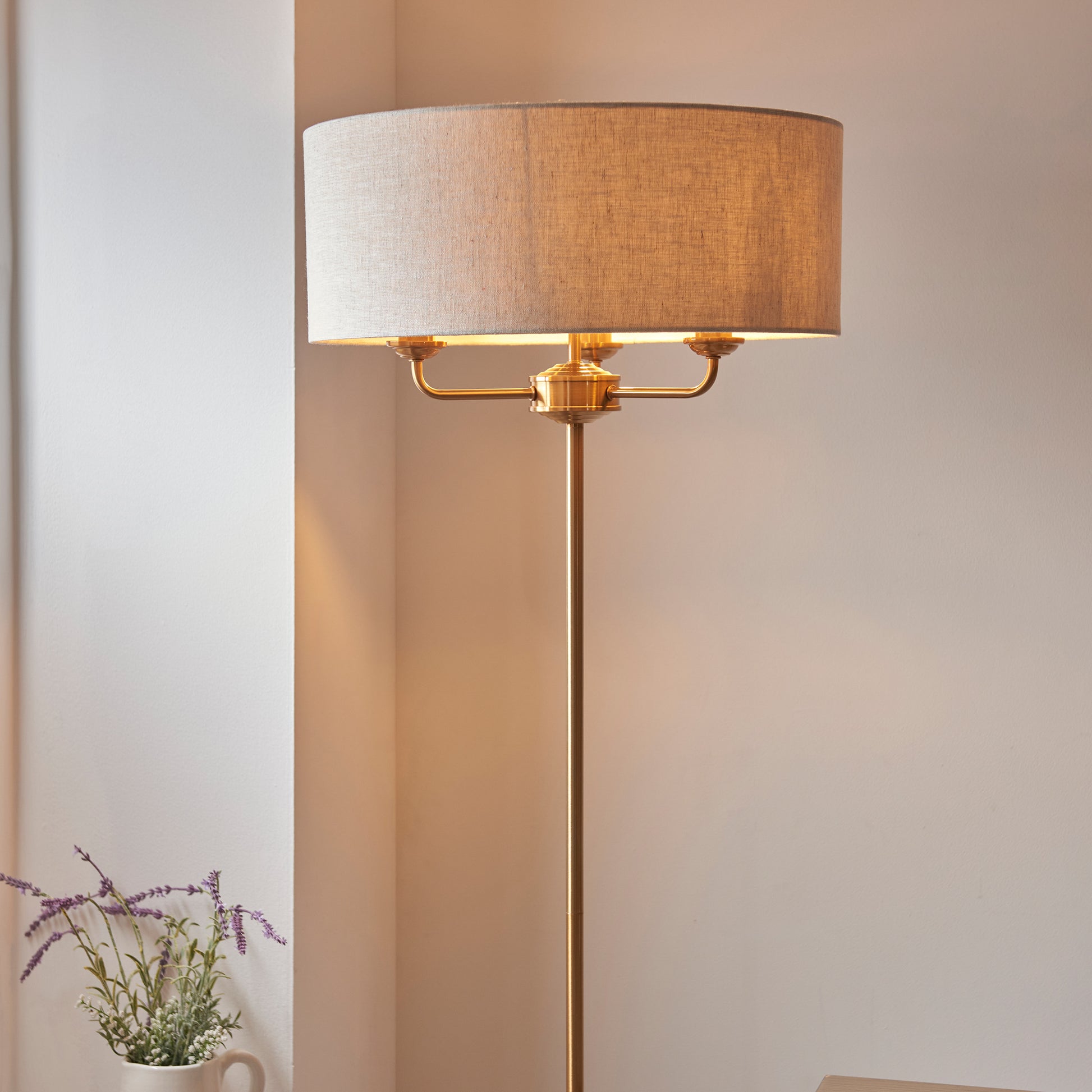Highclere 3 Floor Lamp Vintage Brass – Natural