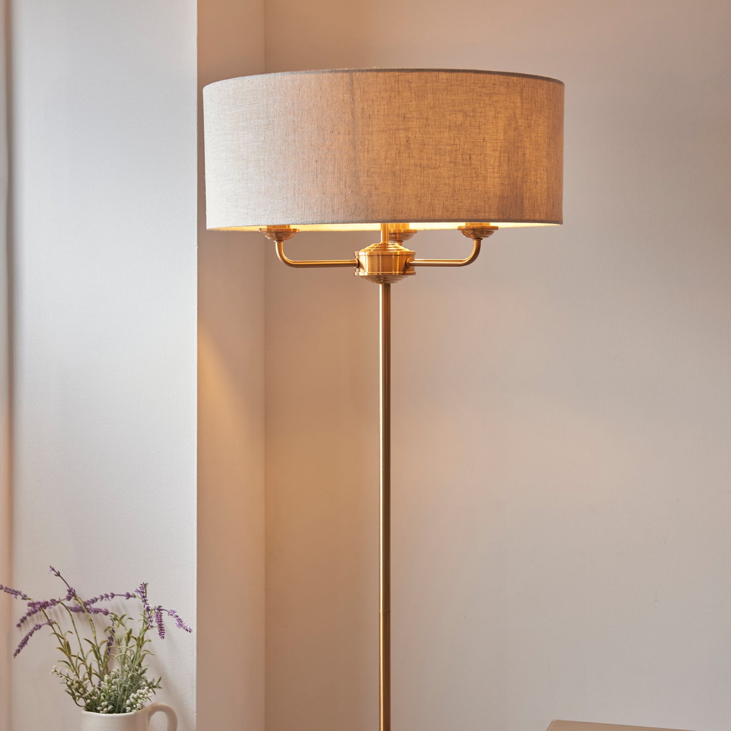 Highclere 3 Floor Lamp Vintage Brass – Natural