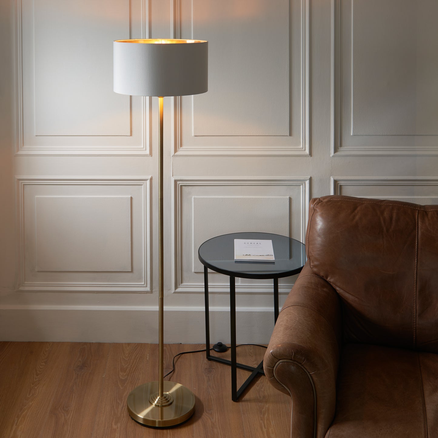 Highclere Floor Lamp Antique Brass – White