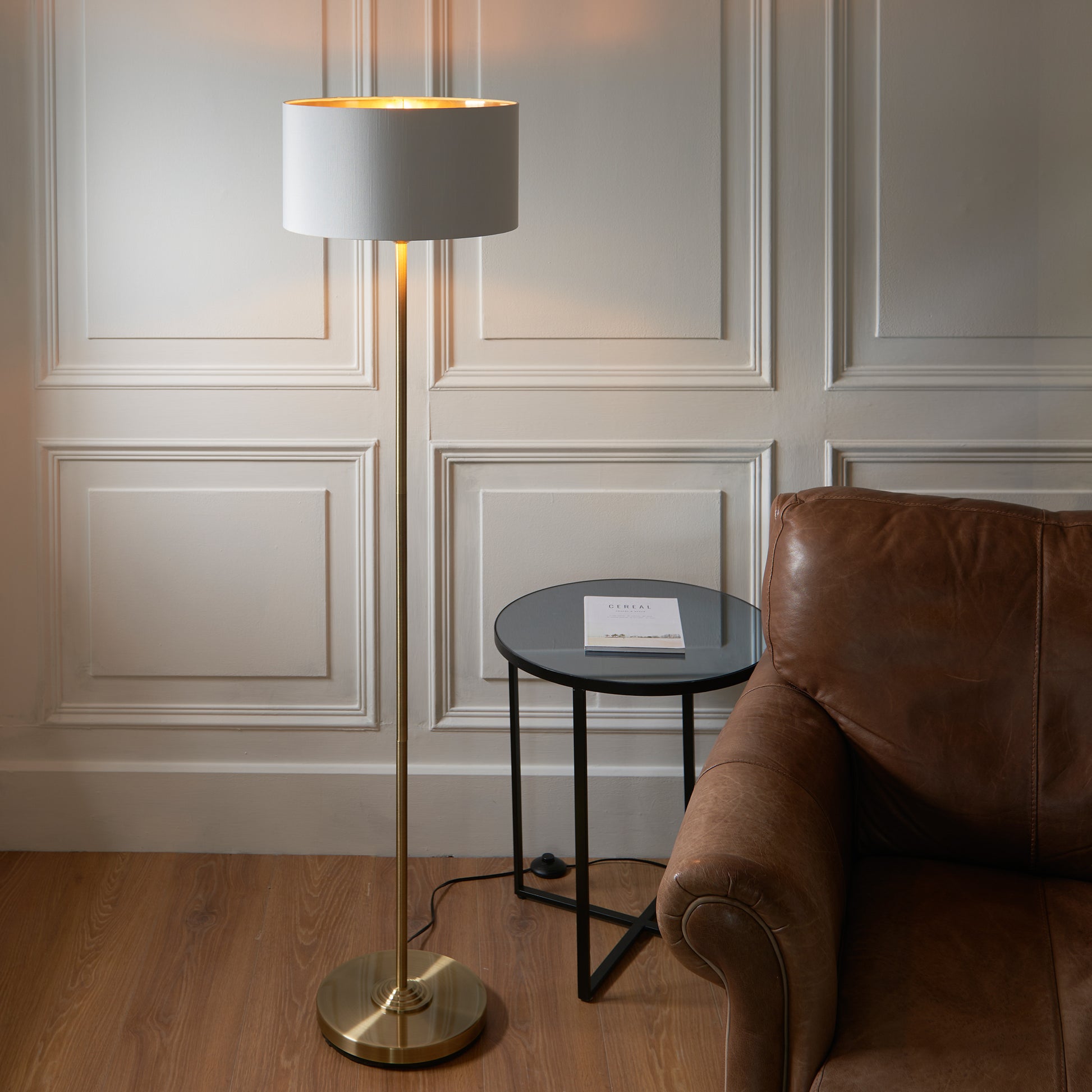 Highclere Floor Lamp Antique Brass – White