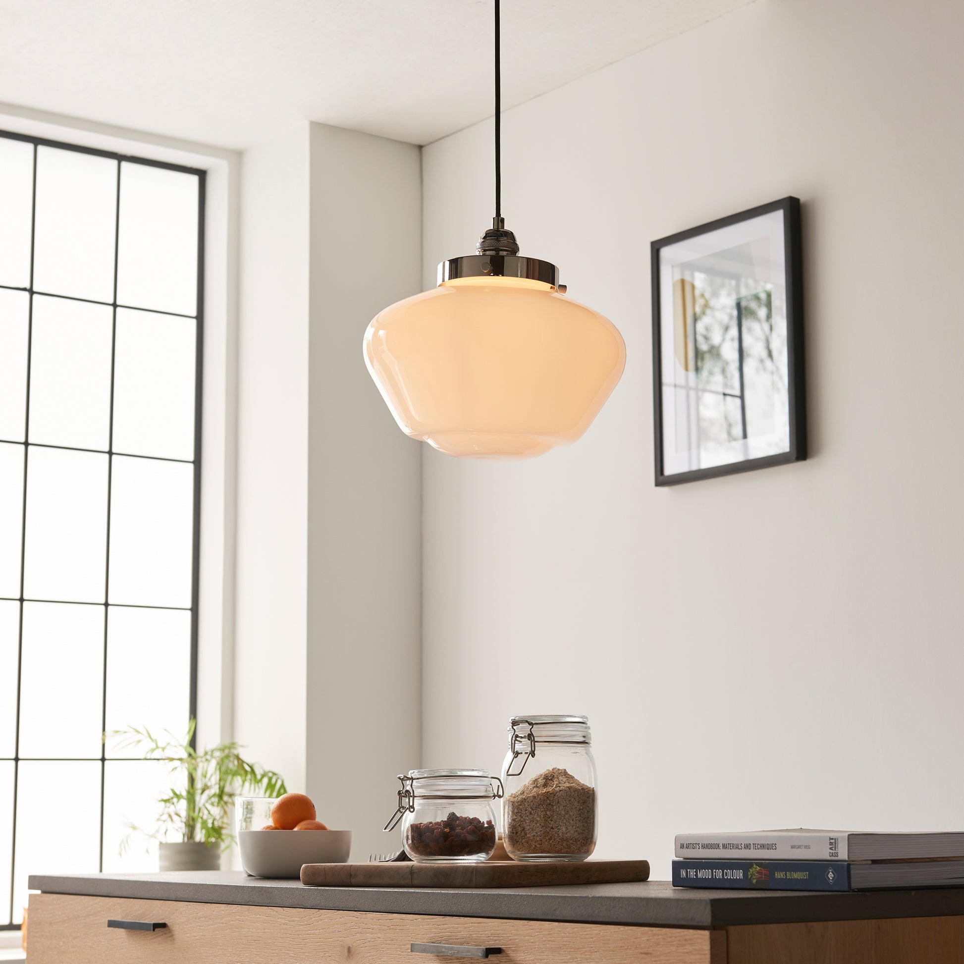 Camberley 1 Pendant Light Bright Bickel Opal Glass – Silver