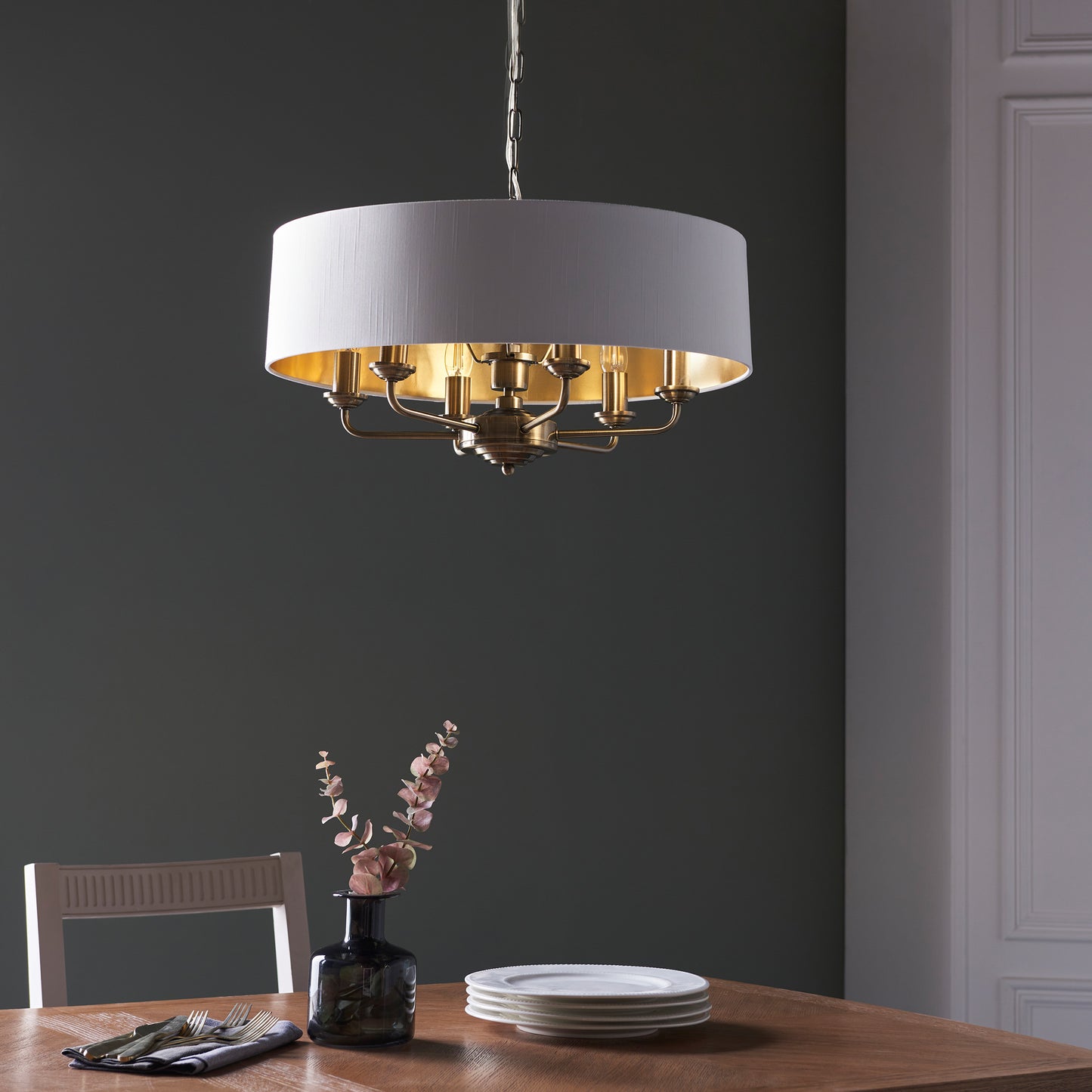 Highclere 6 Pendant Light Antique Brass – Cream