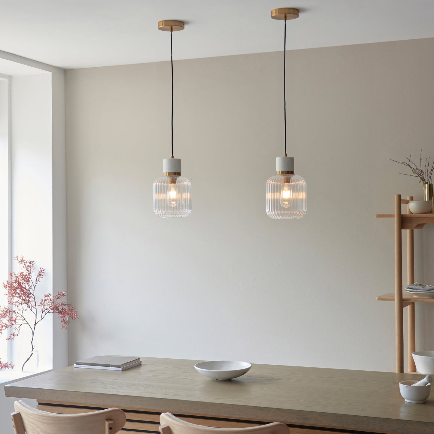 Travi Ribbed 1 Pendant Light White Volakas Marble – White