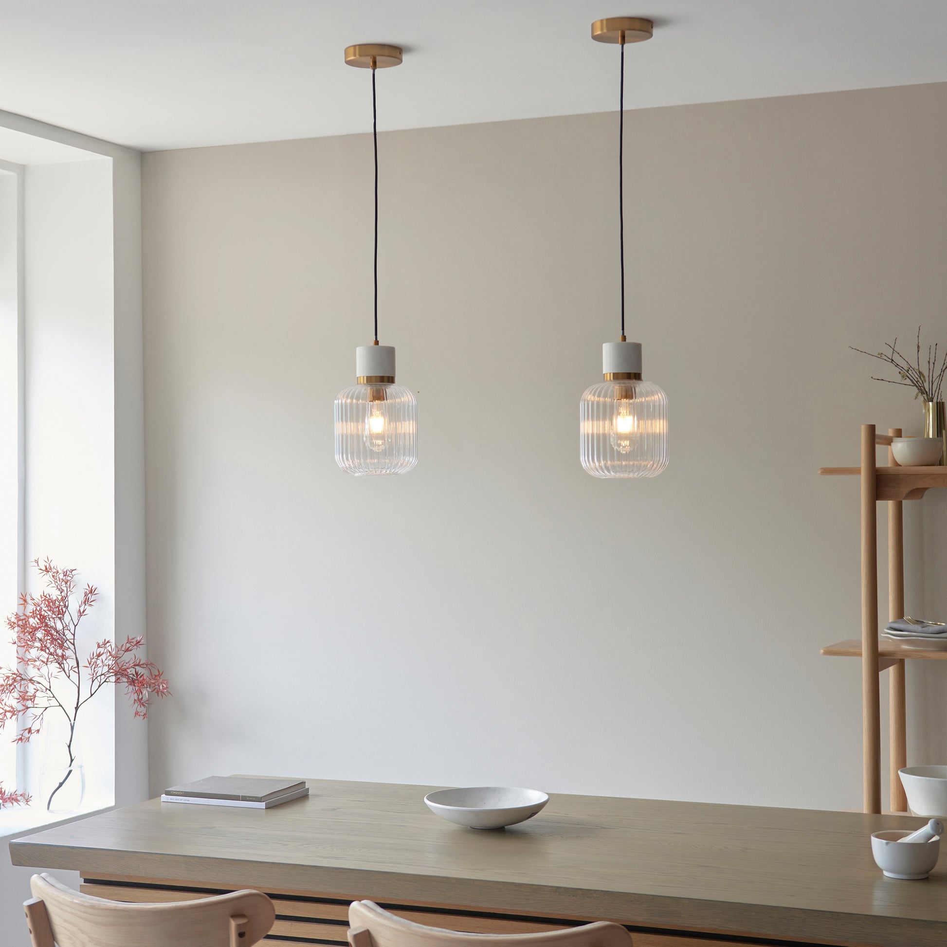 Travi Ribbed 1 Pendant Light White Volakas Marble – White